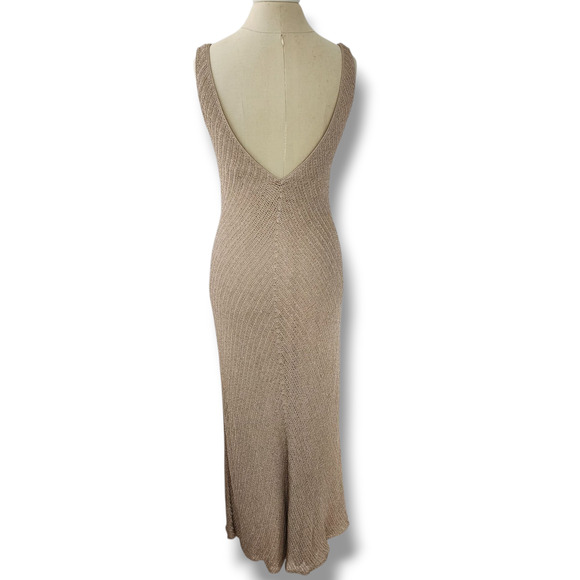 Carmen Marc Valvo Knit crochet Maxi Dress L tan gold All-over beaded formal vtg - Picture 4 of 13